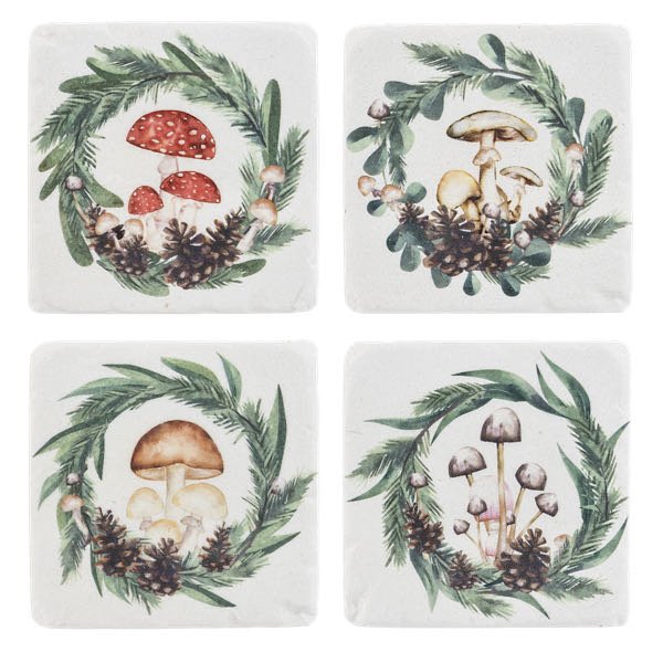 Set of Four Mushroom & Pine Drink Coasters - Marmalade Mercantile