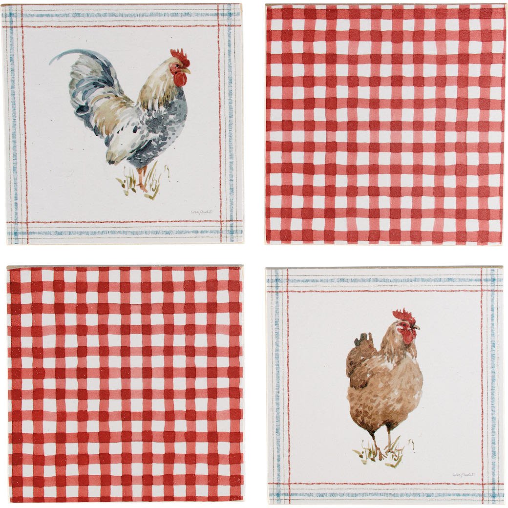 Set of Four Roosters & Red Gingham Check Wooden Drink Coasters - Marmalade Mercantile