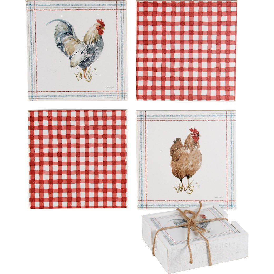 Set of Four Roosters & Red Gingham Check Wooden Drink Coasters - Marmalade Mercantile