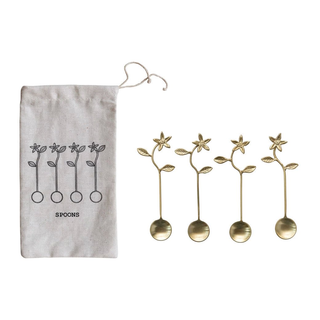 Set of Four Stainless Steel Brass Finish Flower Condiment Spoons in Drawstring Bag - Marmalade Mercantile