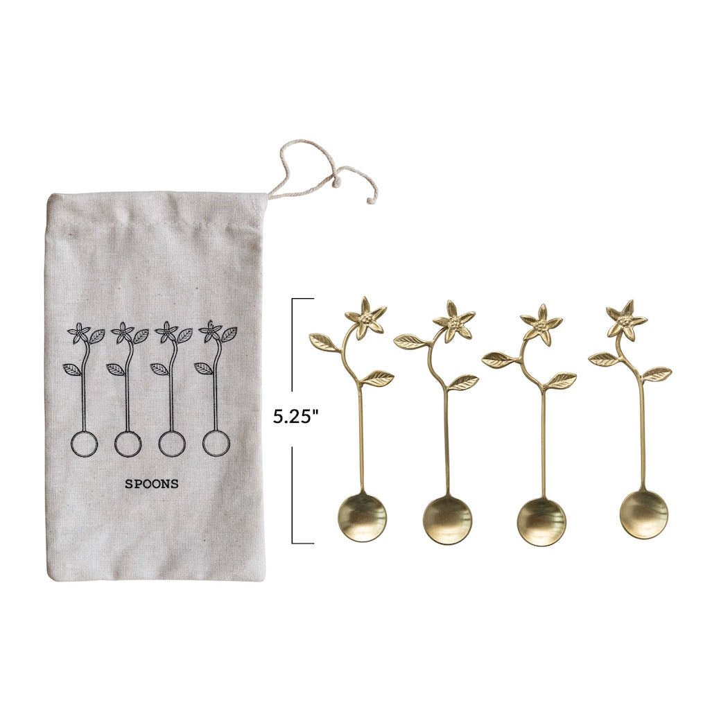 Set of Four Stainless Steel Brass Finish Flower Condiment Spoons in Drawstring Bag - Marmalade Mercantile