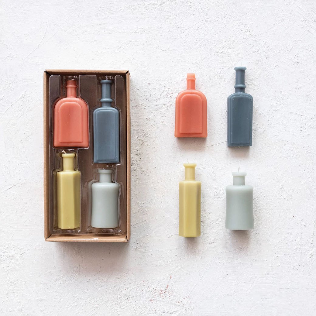 Set of Four Unscented Multi-Color Vintage Bottle Shaped Candles - Marmalade Mercantile