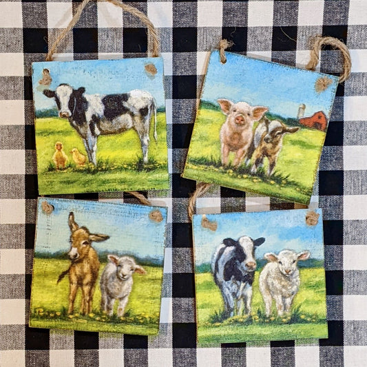 Set of Four Wooden Mini Prints or Ornaments Baby Farm Animals - Marmalade Mercantile