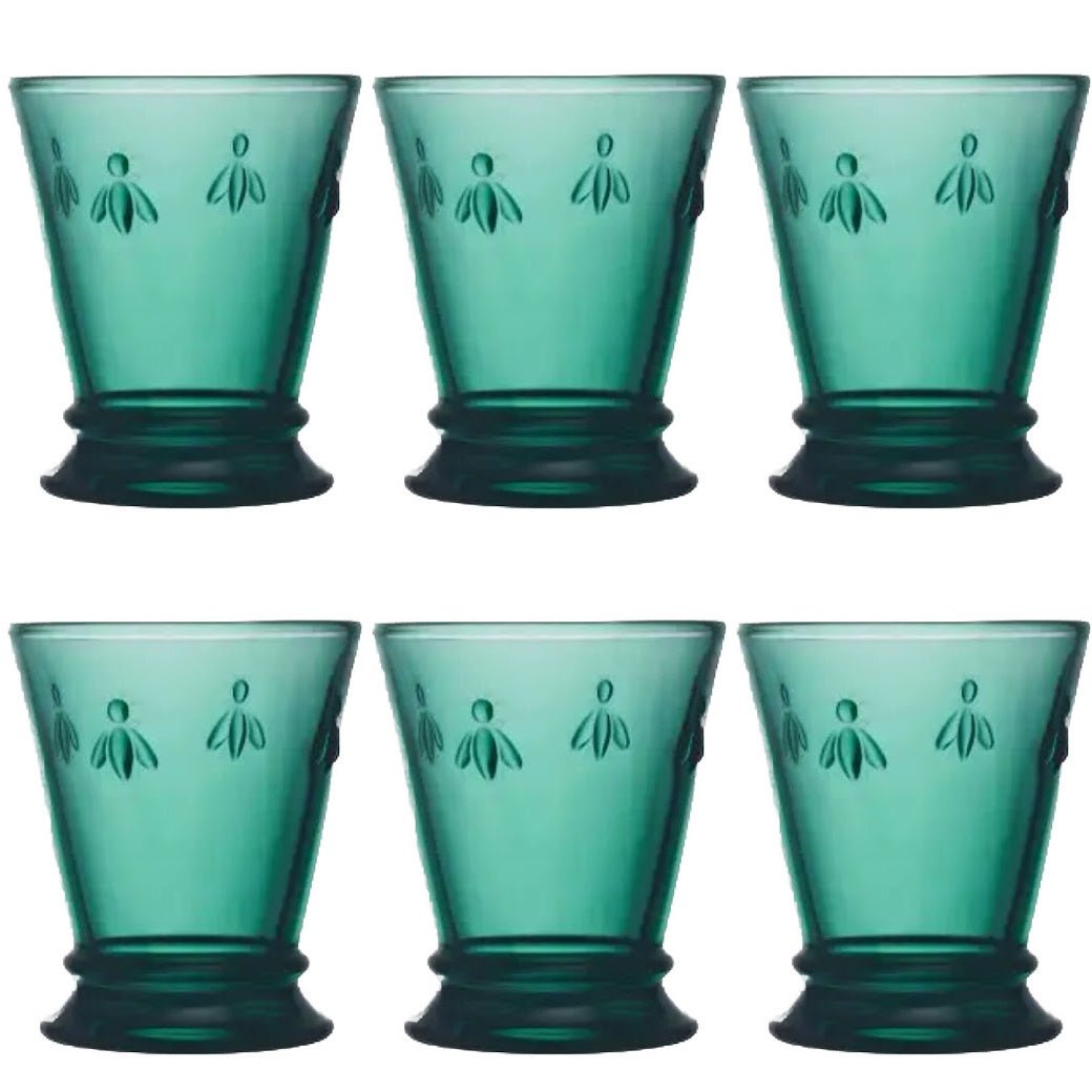 Set of Six French Emerald Green Glass Bee Tumblers 9 oz - Marmalade Mercantile
