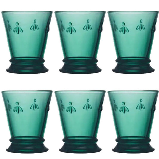 Set of Six French Emerald Green Glass Bee Tumblers 9 oz - Marmalade Mercantile