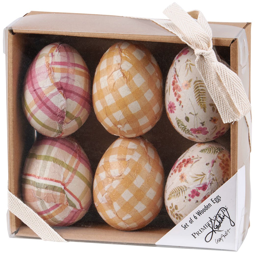 Set of Six Gingham, Plaid & Floral Paper Covered Wooden Eggs - Marmalade Mercantile