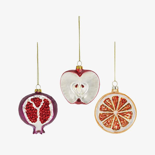 Set of Three Glass Fruit Ornaments, Pomegranate, Apple & Orange - Marmalade Mercantile