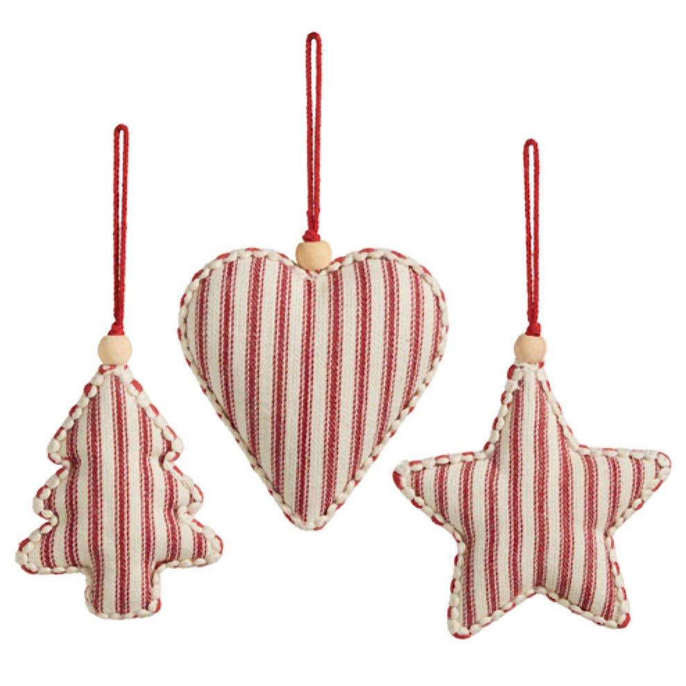 Set of Three Red Ticking Stripe Christmas Ornaments - Heart, Star & Tree - Marmalade Mercantile