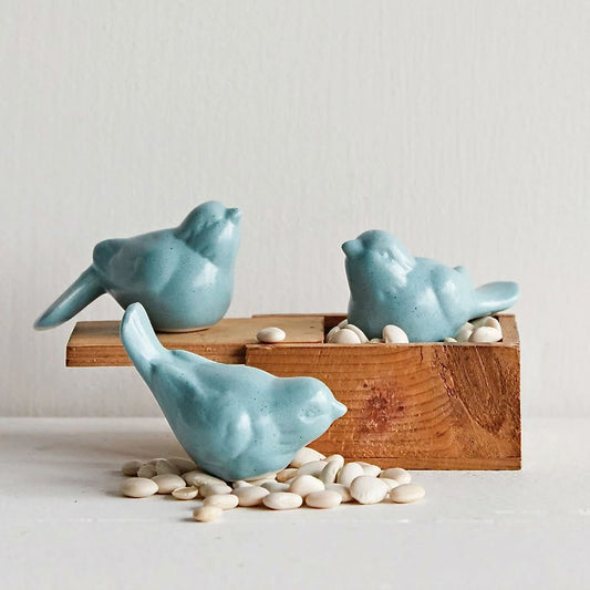 Set of Three Small Robin's Egg Blue Stoneware Bird Figures - Marmalade Mercantile