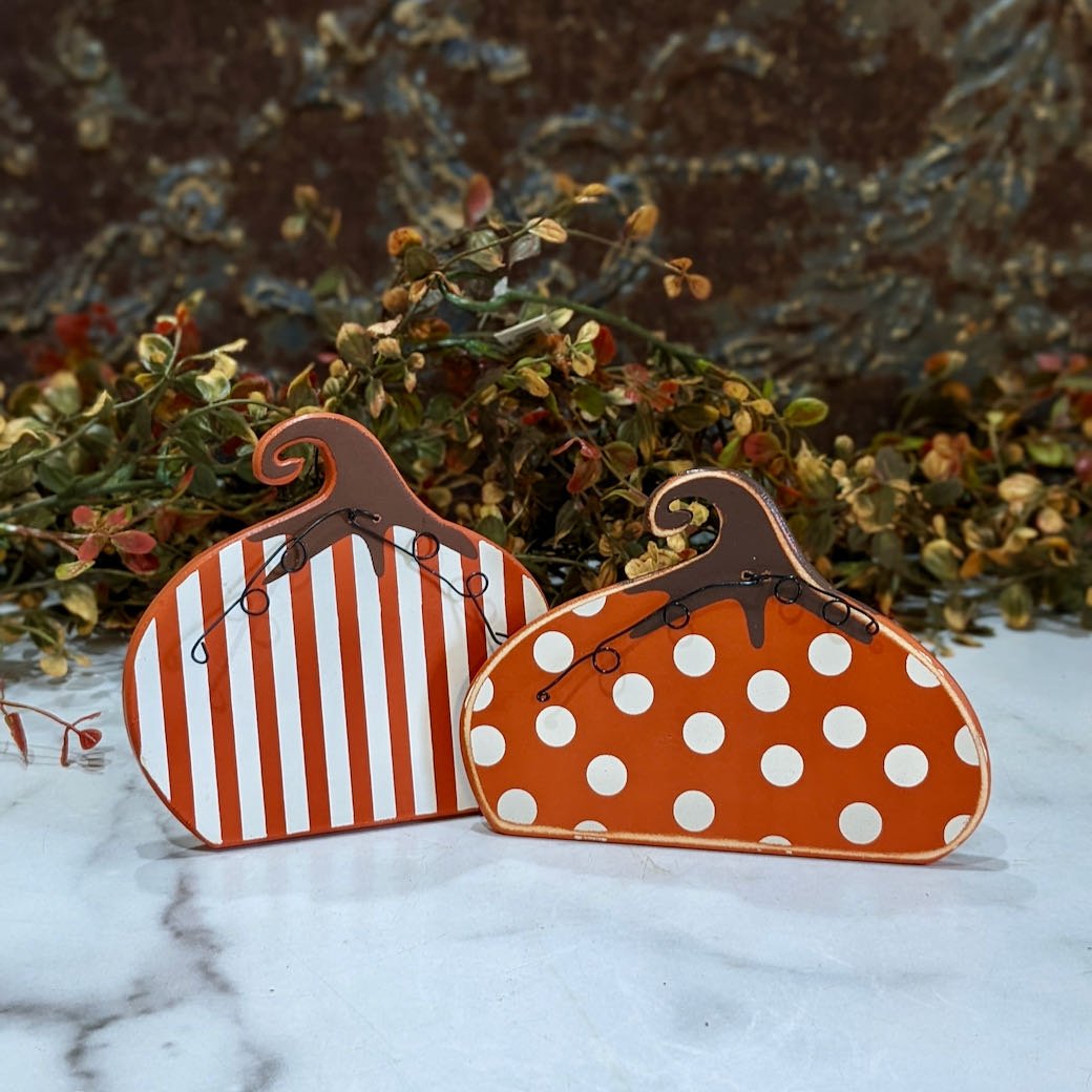 Set of Two Stand-Up Wooden Pumpkins - Dots & Stripes - Marmalade Mercantile