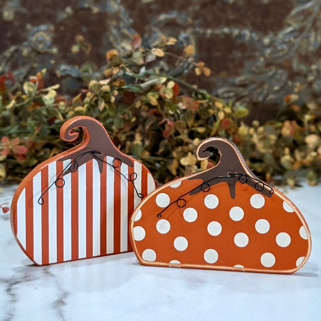 Set of Two Stand-Up Wooden Pumpkins - Dots & Stripes - Marmalade Mercantile