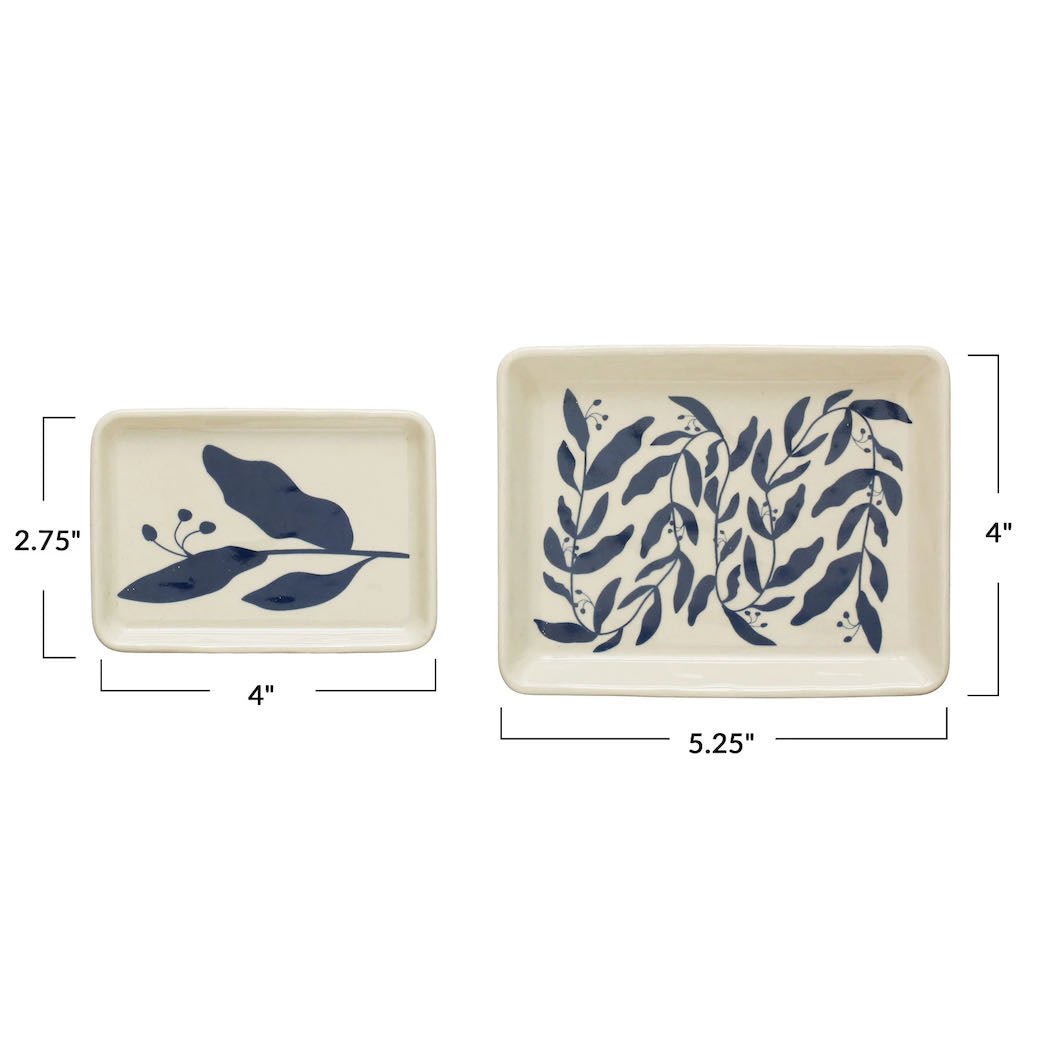 Set of Two Stoneware Trinket Trays Blue Botanical Pattern - Marmalade Mercantile
