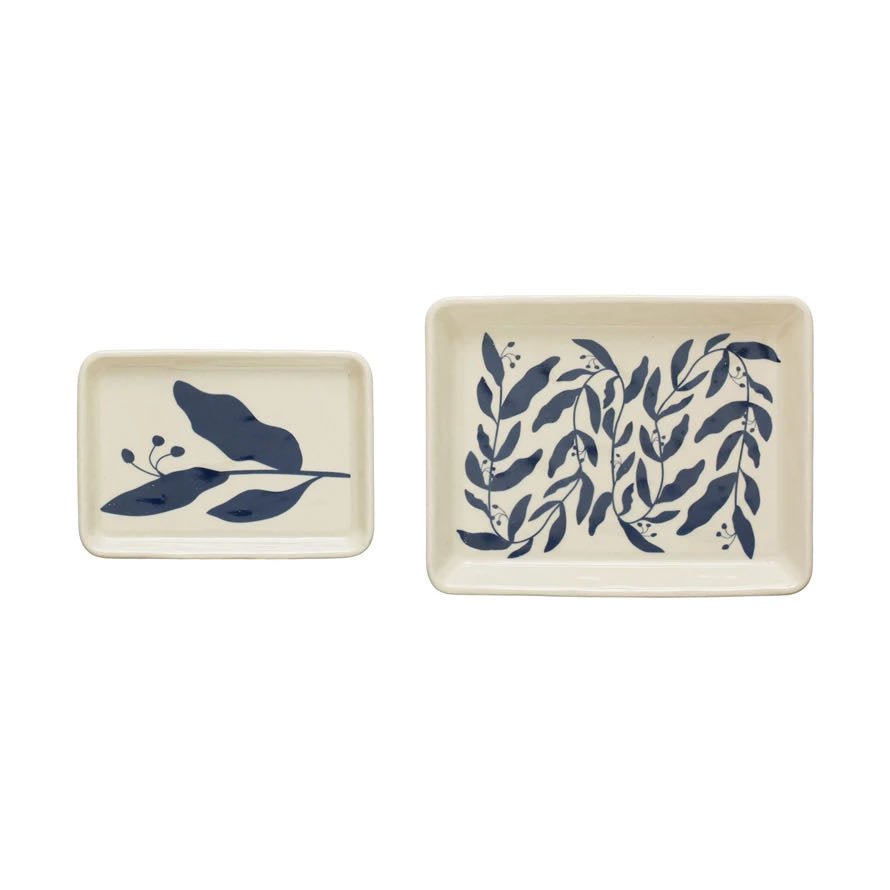 Set of Two Stoneware Trinket Trays Blue Botanical Pattern - Marmalade Mercantile