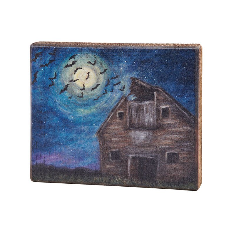 Spooky Barn with Bats & Full Moon Rustic Block Sign - Marmalade Mercantile