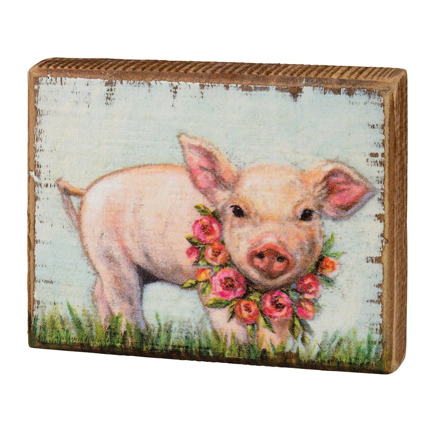 Springtime Piglet with Floral Wreath Wooden Block Sign - Marmalade Mercantile