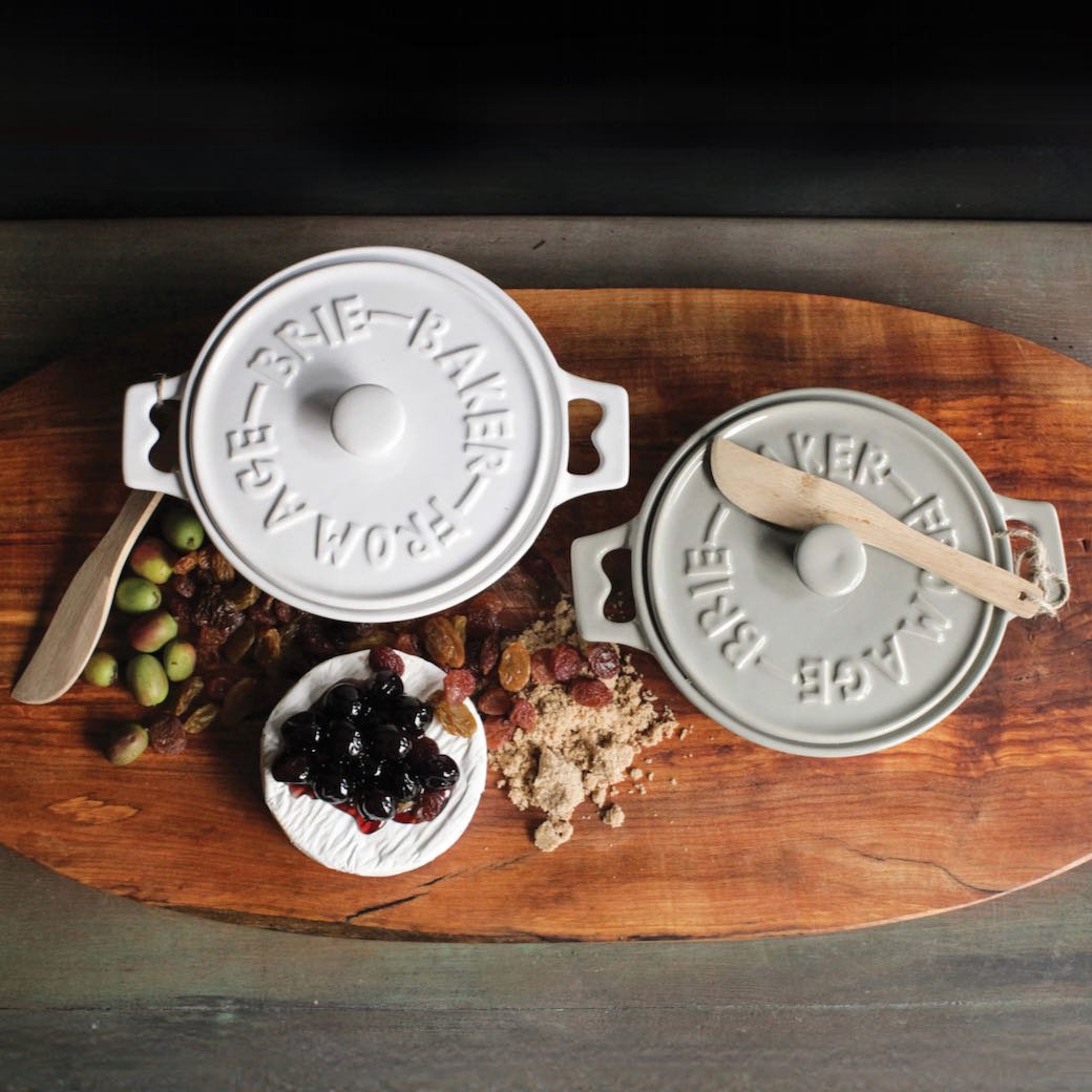 Stoneware Brie Baker with Lid and Spreader CHOICE of Color White or Gray - Marmalade Mercantile