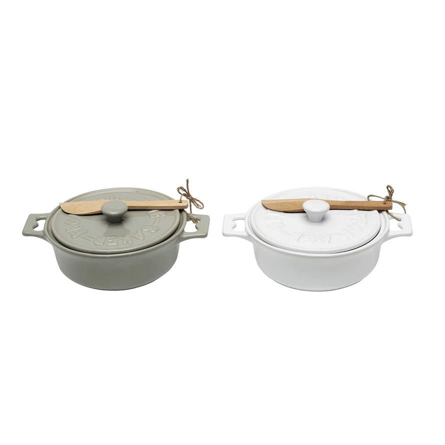 Stoneware Brie Baker with Lid and Spreader CHOICE of Color White or Gray - Marmalade Mercantile