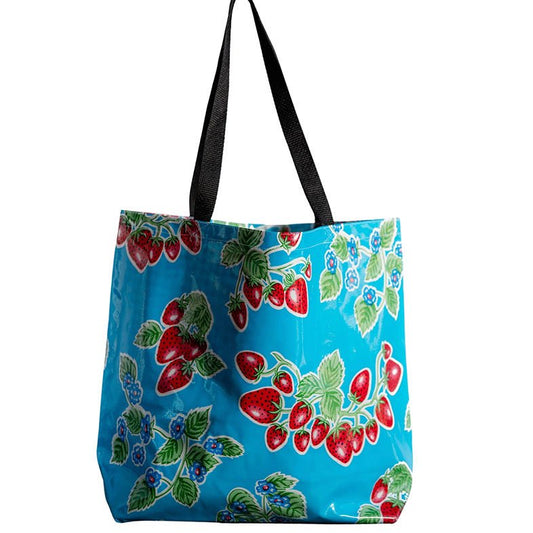 Strawberries on Blue Large Oilcloth Market Tote Bag - Marmalade Mercantile