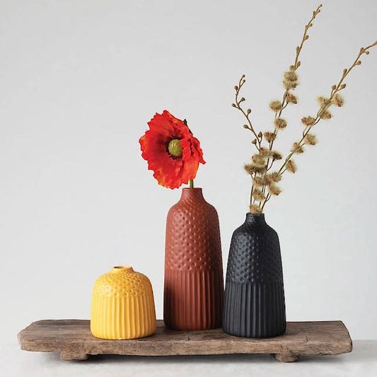 Trio of Embossed Stoneware Vases in Autumnal Colors - Marmalade Mercantile