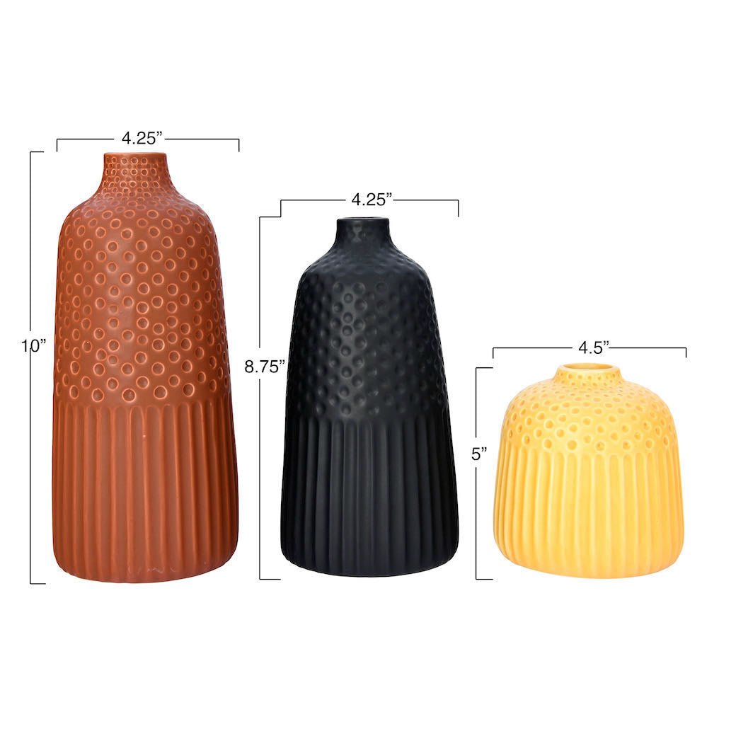 Trio of Embossed Stoneware Vases in Autumnal Colors - Marmalade Mercantile