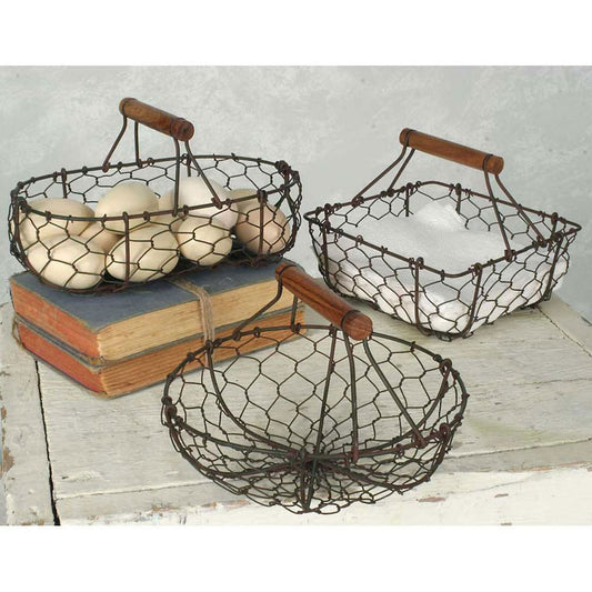 Trio of Petite Chicken Wire Baskets w Wooden Handles - Marmalade Mercantile