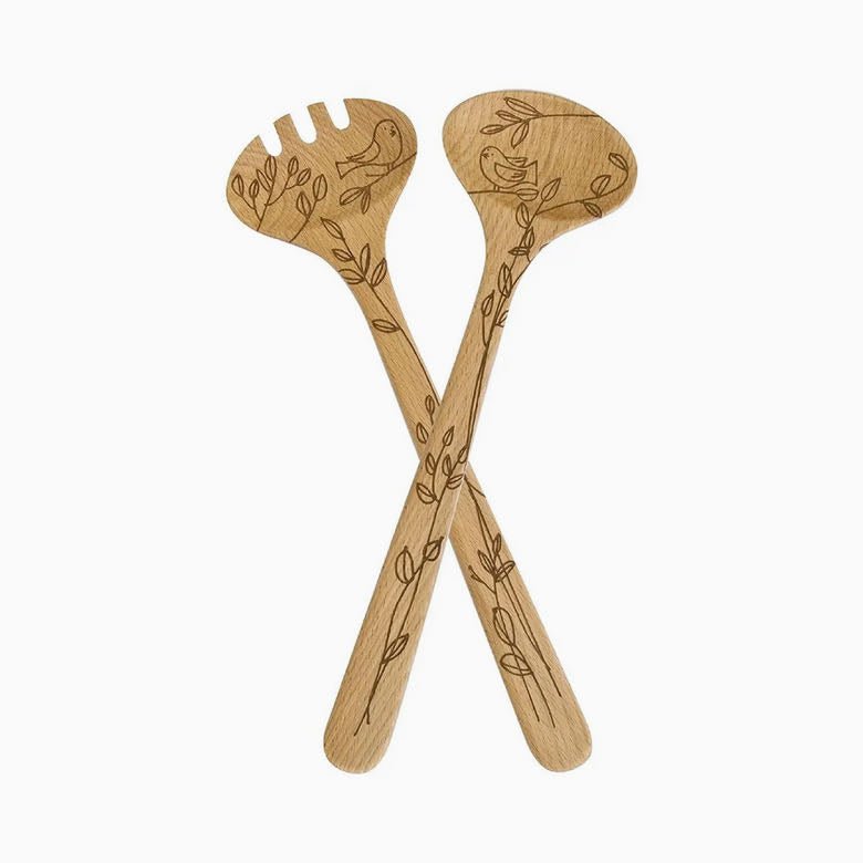 Two-Piece Wooden Salad Set with Bird Pattern - Marmalade Mercantile