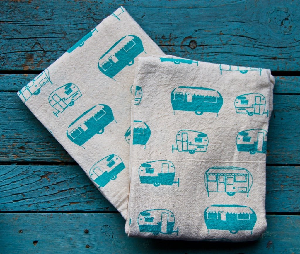 Vintage Aqua Travel Trailers Tea Towel - Marmalade Mercantile