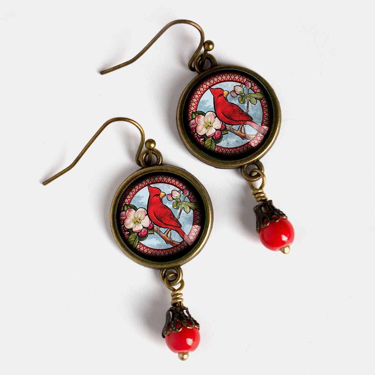 Vintage-inspired Red Cardinal Hand-made Cottage Core Earrings - Marmalade Mercantile