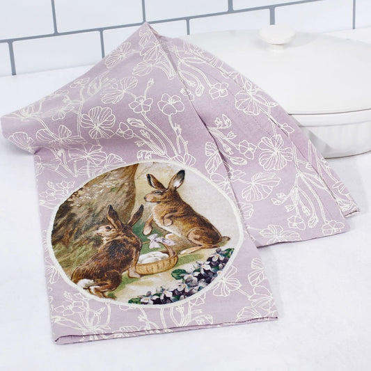 Vintage Style Brown Bunnies w Violets & Easter Eggs Appliquéd Kitchen Towel - Marmalade Mercantile