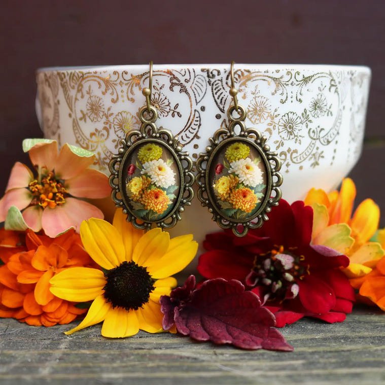 Vintage-Style Cottage Core Chrysanthemum Earrings for Pierced Ears - Marmalade Mercantile