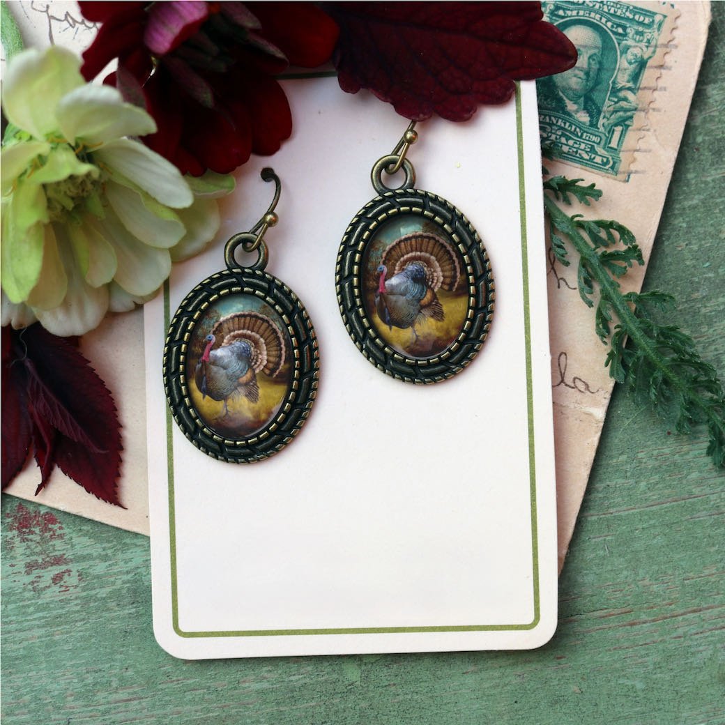 Vintage Style Cottage Core Thanksgiving Turkey Earrings for