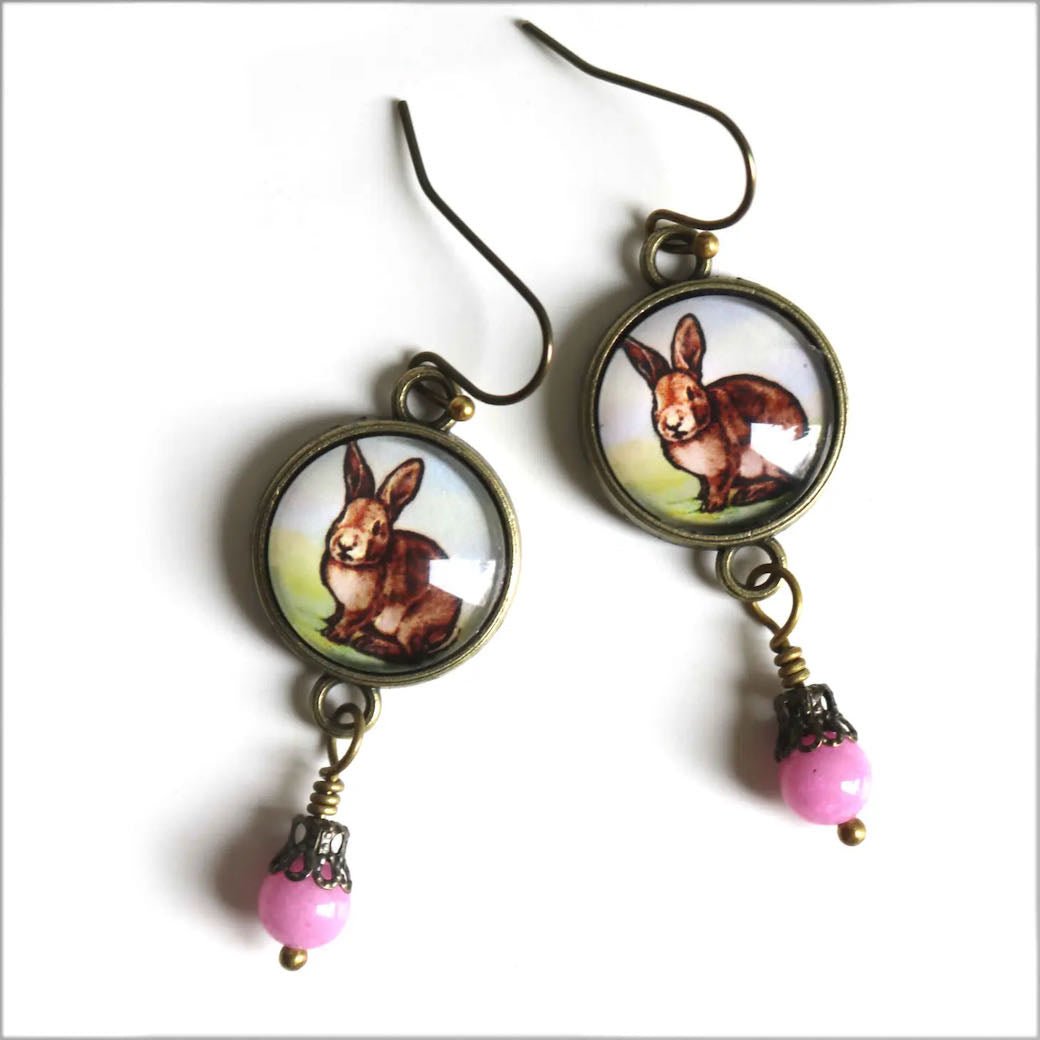 Vintage-Style Hand-Made Cottage Core Baby Bunny Pierced Earrings with Pink Bead - Marmalade Mercantile