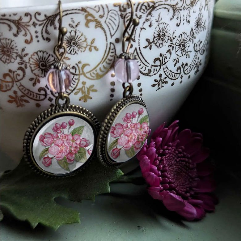 Vintage-Style Hand-Made Cottage Core Cherry Blossoms Pierced Earrings - Marmalade Mercantile