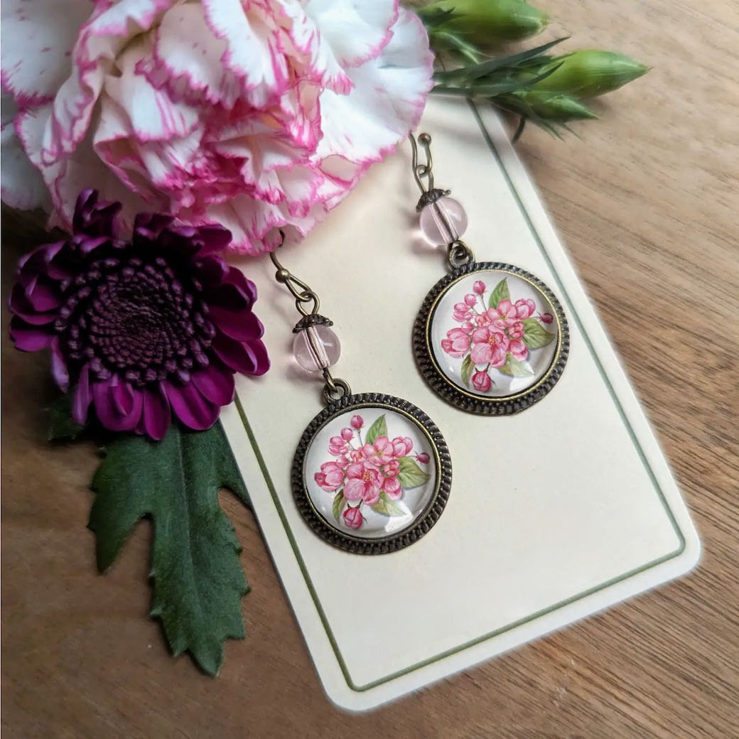 Vintage-Style Hand-Made Cottage Core Cherry Blossoms Pierced Earrings - Marmalade Mercantile