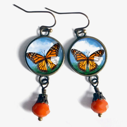 Vintage-Style Hand-Made Cottage Core Monarch Butterfly Pierced Earrings with Pink Bead - Marmalade Mercantile