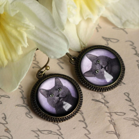 Vintage-Style Hand-Made Cottage Core Russian Blue Cat Pierced Earrings - Marmalade Mercantile