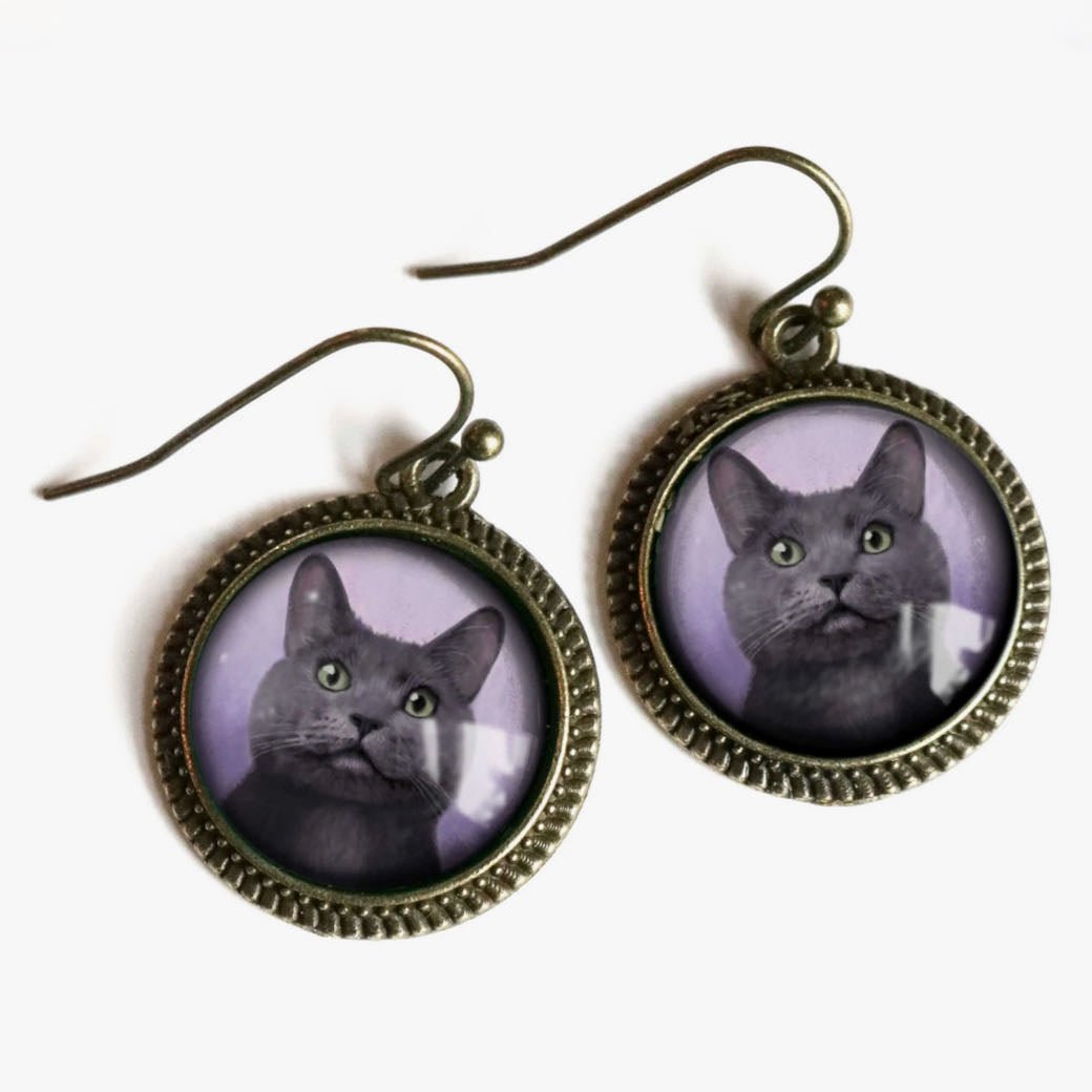 Vintage-Style Hand-Made Cottage Core Russian Blue Cat Pierced Earrings - Marmalade Mercantile