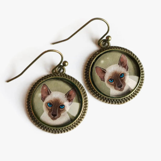 Vintage-Style Hand-made Cottage Core Siamese Cat Pierced Earrings - Marmalade Mercantile