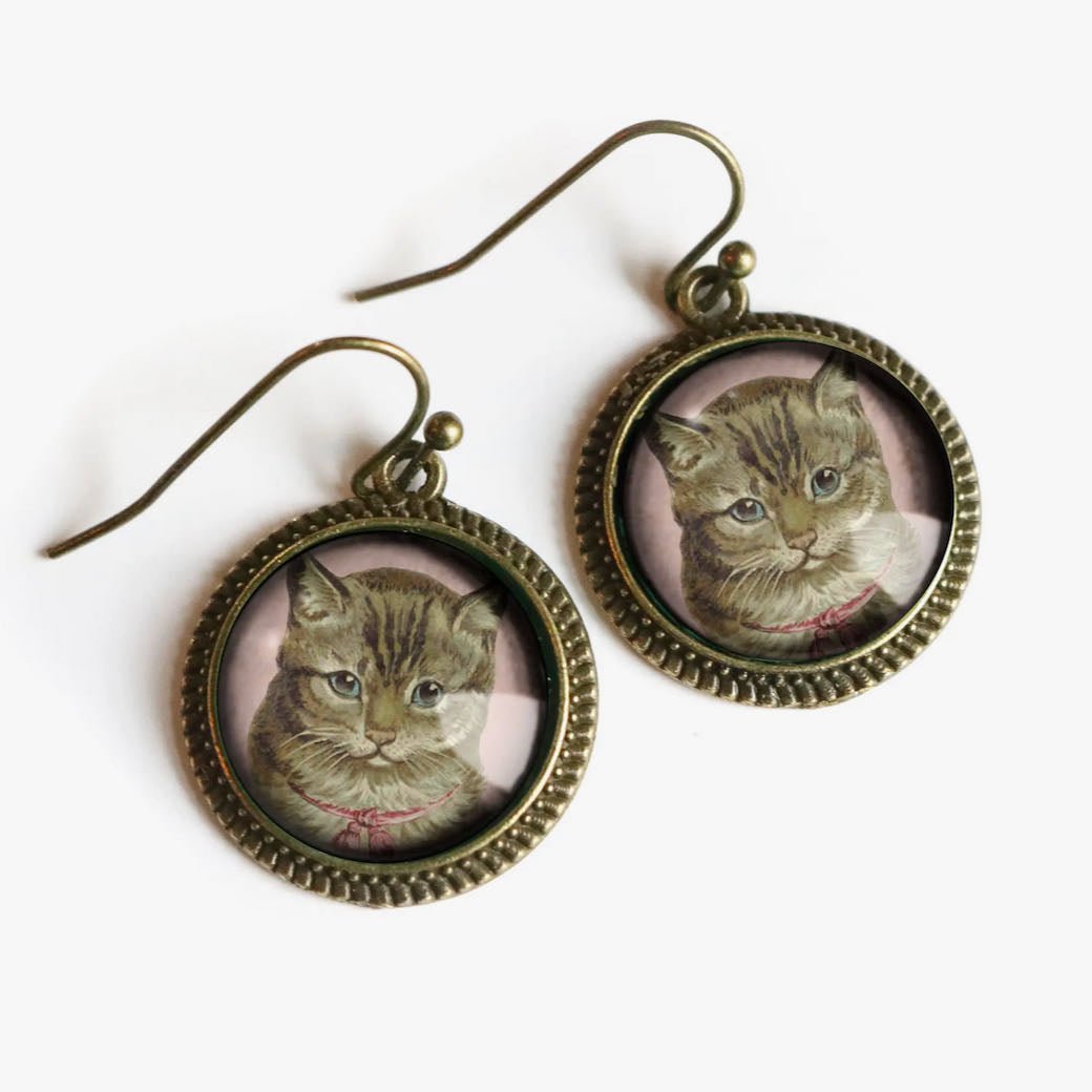 Vintage-Style Hand-Made Cottage Core Victorian Tabby Cat Pierced Earrings - Marmalade Mercantile
