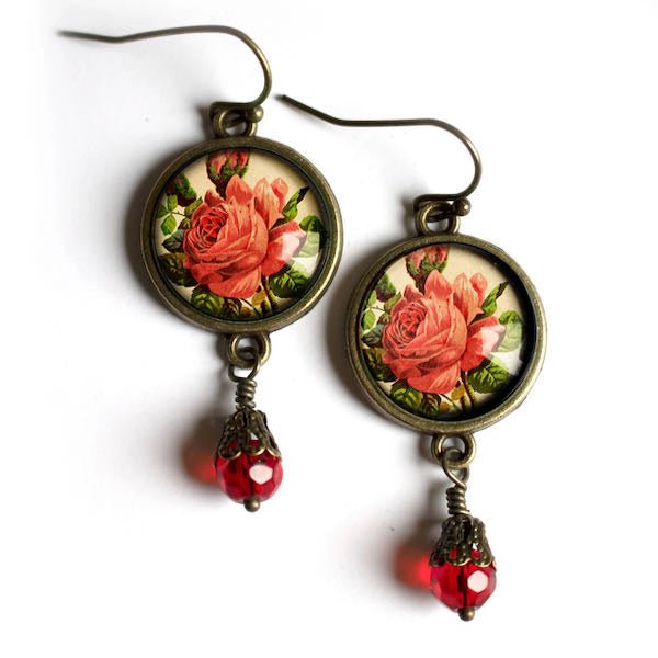 Vintage-Style Hand-made Cottage Core Victorian Tea Rose Pierced Earrings - Marmalade Mercantile