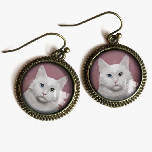 Vintage-Style Hand-made Cottage Core White Haired Cat Pierced Earrings - Marmalade Mercantile