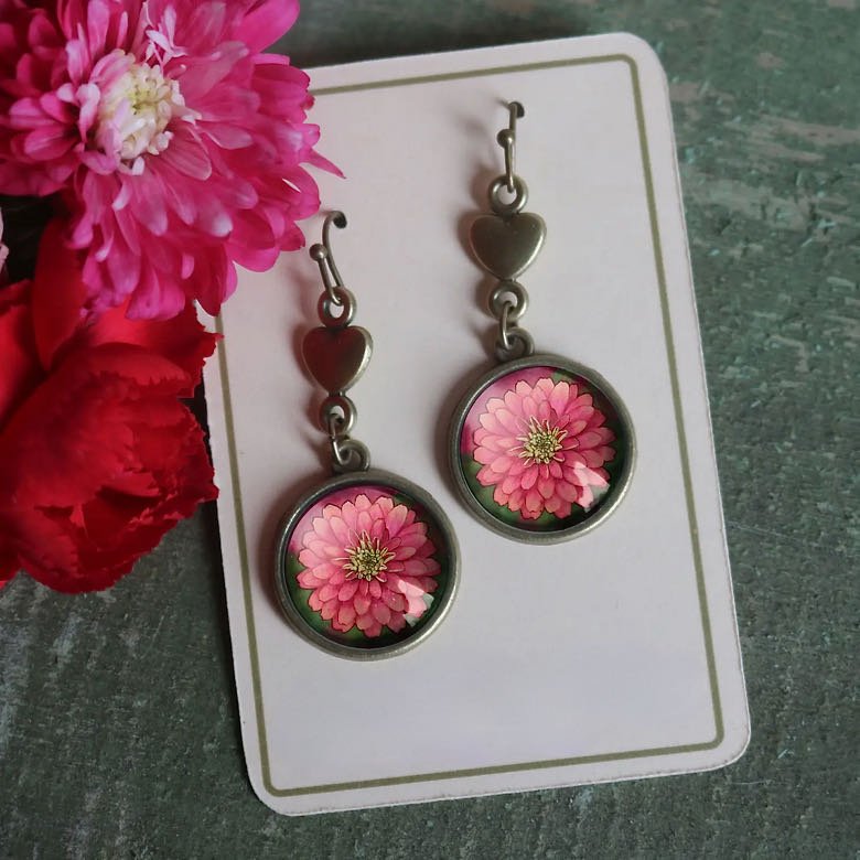 Vintage-Style Hand-Made Cottage Core Zinnia Pierced Earrings - Marmalade Mercantile