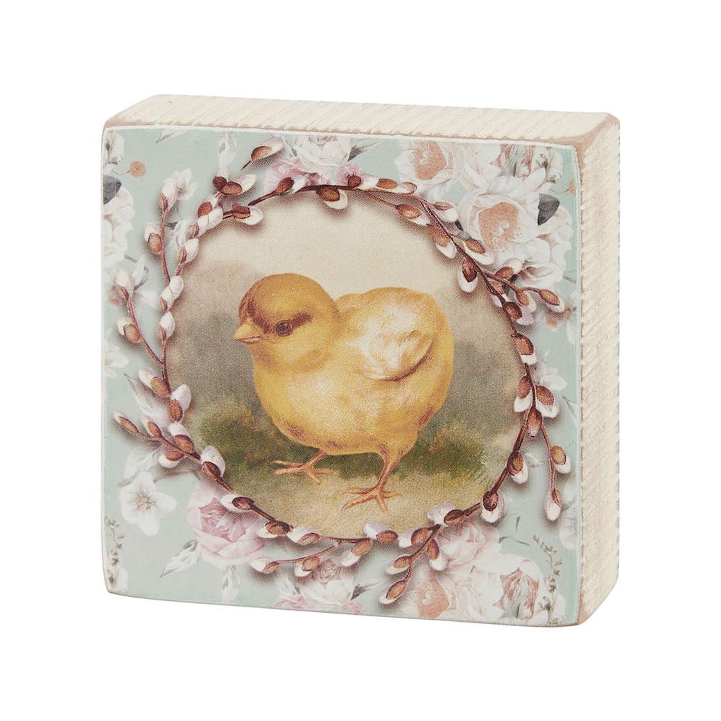 Vintage Style Springtime Chicks & Pussy Willows Antique Style Block Sign - Marmalade Mercantile
