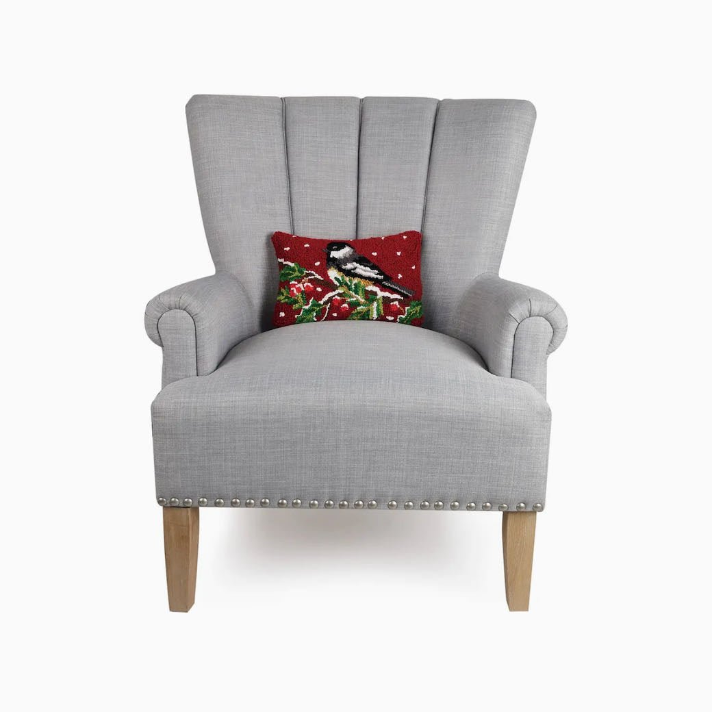 Winter Chickadee On Branch Wool Hooked Rug Pillow - Marmalade Mercantile