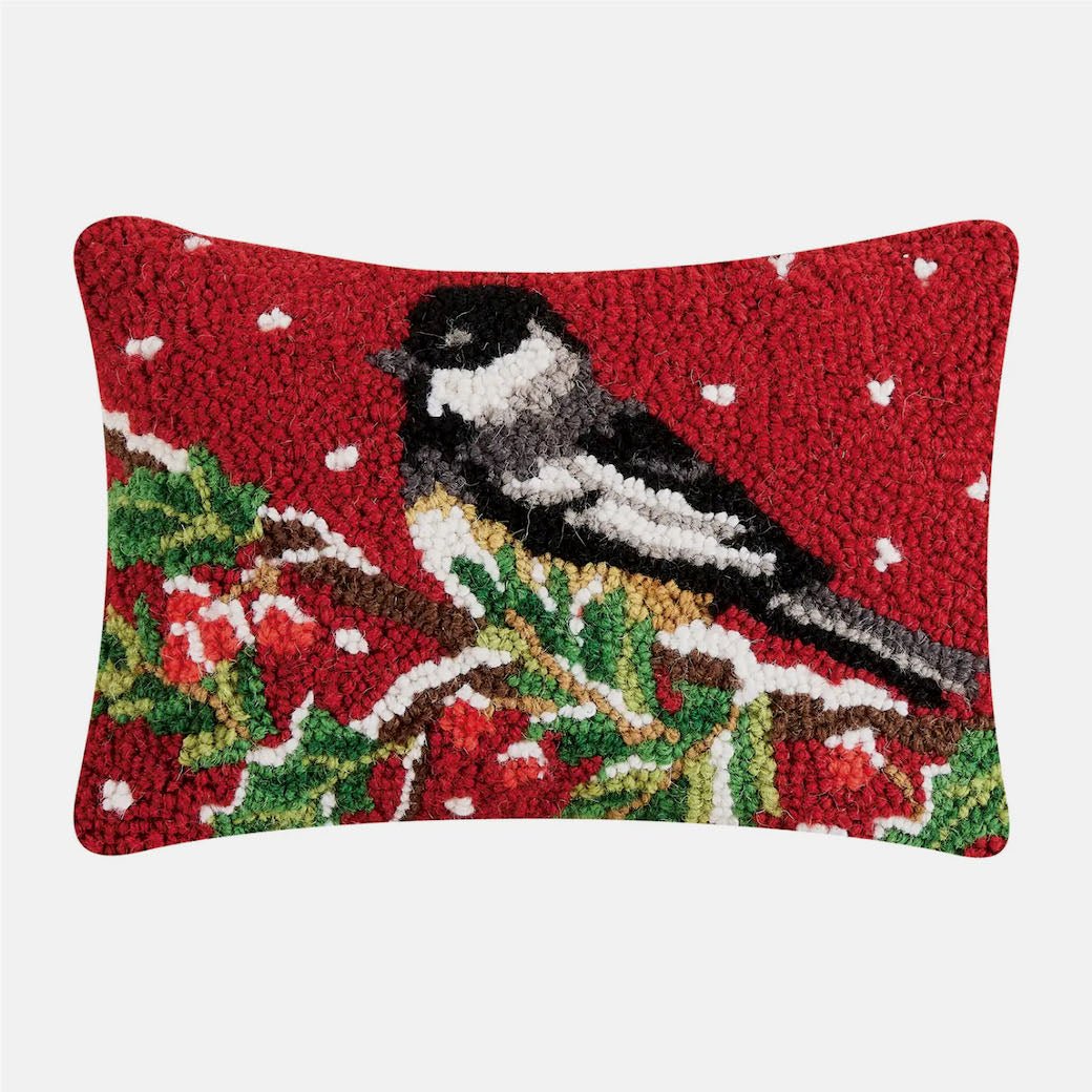 Winter Chickadee On Branch Wool Hooked Rug Pillow - Marmalade Mercantile