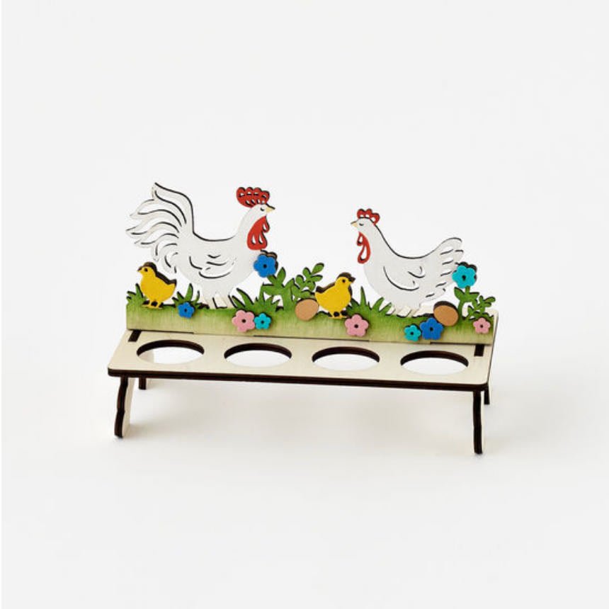 Wooden Eight-Egg Holder with Chickens - Marmalade Mercantile