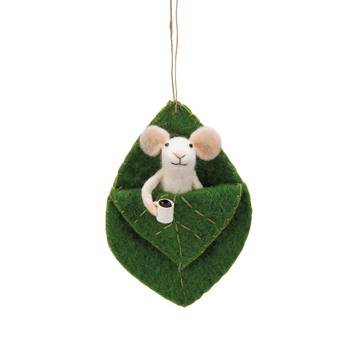 Wool Critter Mouse in Leaf Bed with Coffee Cup - Marmalade Mercantile